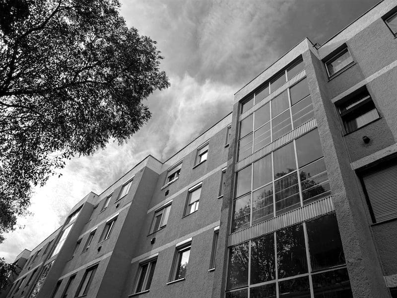Apartment building photo in black and white